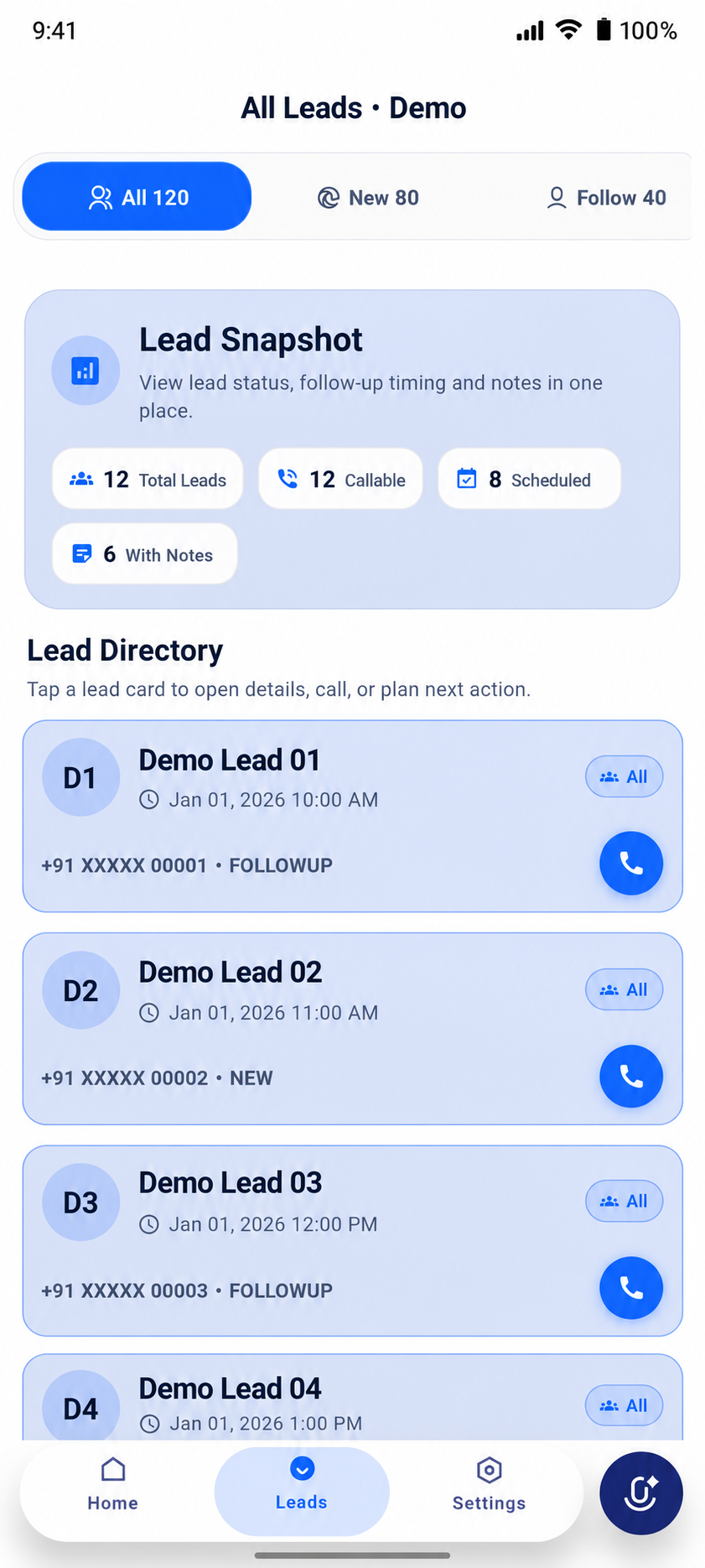 Reazh India lead directory with Demo Lead 01 through Demo Lead 04, masked phone placeholders, and sample lead counts
